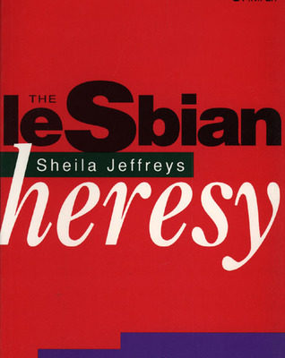 Red book cover reads The Lesbian Heresy - Sheila Jeffreys (Spinifex) a feminist perspective on the lesbian sexual revolution